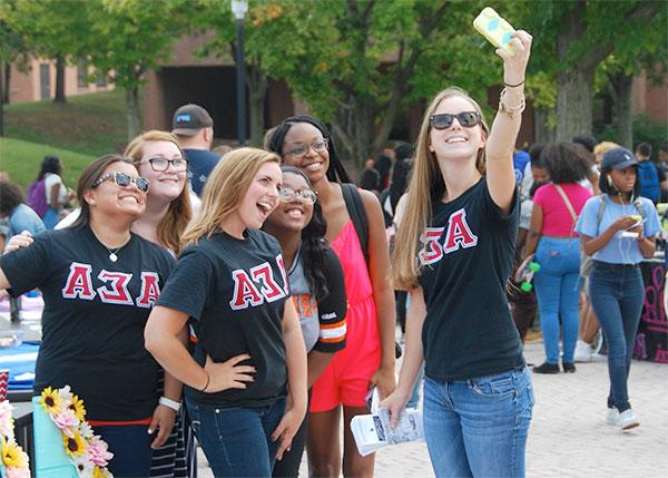 Alpha Sigma Alpha sorority girls take a group selfie