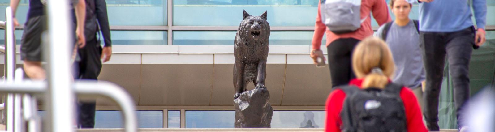 bobcat statue and students leaving class