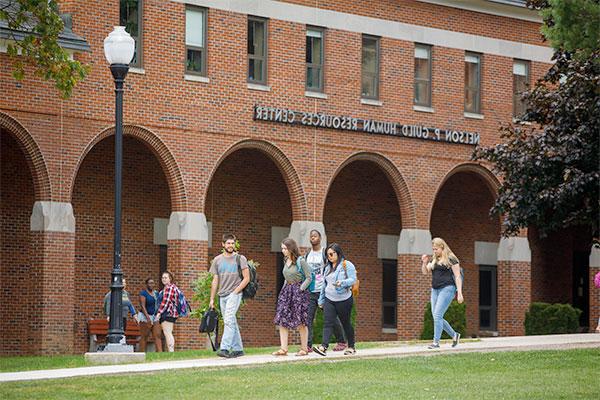Groups of students walk to class on Frostburg's campus